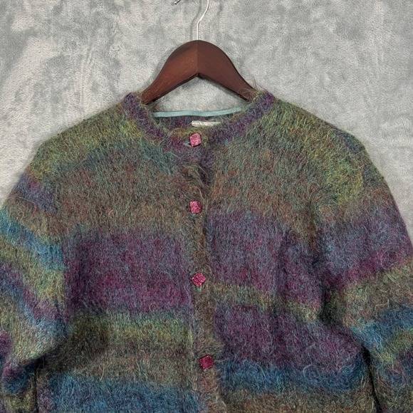 Vintage Multicolor Fuzzy Striped Mohair Blend Cardigan Sweater - Picture 2 of 12
